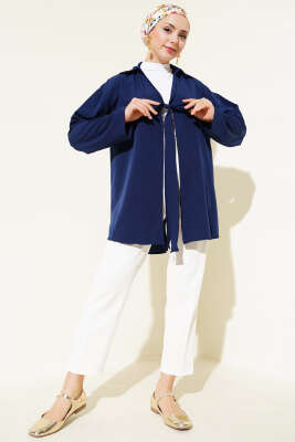 Klasik Yaka Bağlamalı Kimono Lacivert - Thumbnail