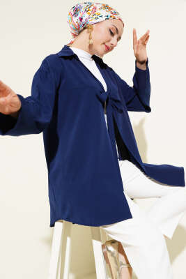 Klasik Yaka Bağlamalı Kimono Lacivert - Thumbnail