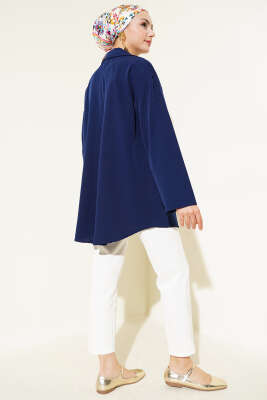 Klasik Yaka Bağlamalı Kimono Lacivert - Thumbnail