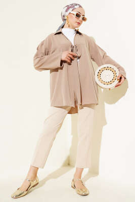 Klasik Yaka Bağlamalı Kimono Vizon - Thumbnail