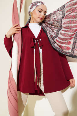 Pazarium - Klasik Yaka Bağlamalı Kimono Bordo