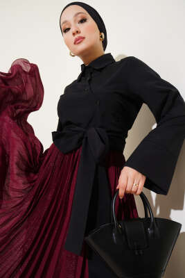 Pazarium - Belden Bağlama Detaylı Kısa Gömlek Siyah