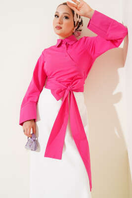 Pazarium - Belden Bağlama Detaylı Kısa Gömlek Fuşya