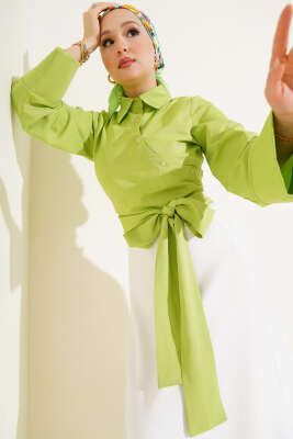 Pazarium - Belden Bağlama Detaylı Kısa Gömlek Fıstık Yeşili