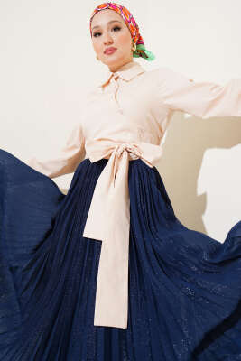 Pazarium - Belden Bağlama Detaylı Kısa Gömlek Bej