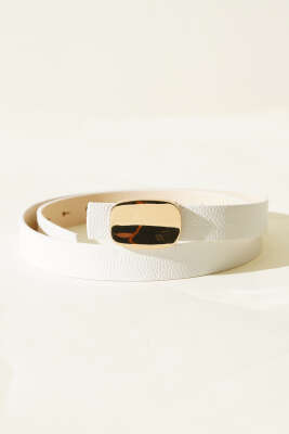 Pazarium - Düz Metal Tokalı Kemer Beyaz