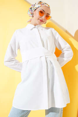 Pazarium - Gizli Düğmeli Kendinden Kuşaklı Gömlek Beyaz