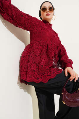 Pazarium - Brodeli Önü Düğmeli Gömlek Bordo