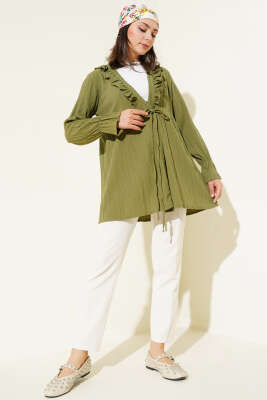 Yakası Fırfırlı Bürümcük Kimono Haki - Thumbnail