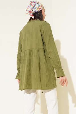 Yakası Fırfırlı Bürümcük Kimono Haki - Thumbnail