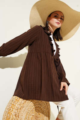 Yakası Fırfırlı Bürümcük Kimono Kahve - Thumbnail