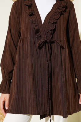 Yakası Fırfırlı Bürümcük Kimono Kahve - Thumbnail