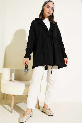 Yakası Fırfırlı Bürümcük Kimono Siyah - Thumbnail