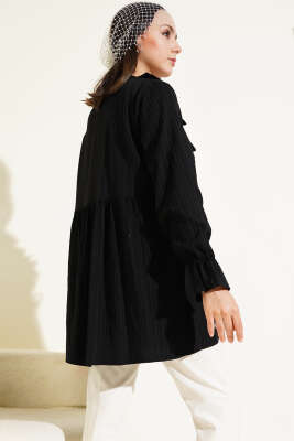 Yakası Fırfırlı Bürümcük Kimono Siyah - Thumbnail