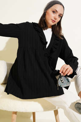 Yakası Fırfırlı Bürümcük Kimono Siyah - Thumbnail