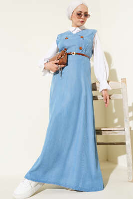 Pazarium - Önü Tahta Düğmeli Kolsuz Elbise Kot Mavisi