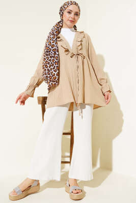 Yakası Fırfırlı Bürümcük Kimono Bej - Thumbnail