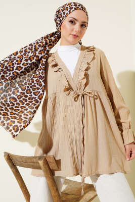 Yakası Fırfırlı Bürümcük Kimono Bej - Thumbnail