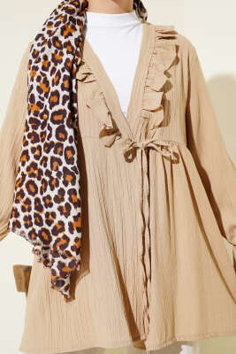 Yakası Fırfırlı Bürümcük Kimono Bej - Thumbnail