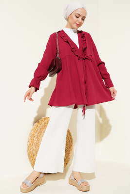 Yakası Fırfırlı Bürümcük Kimono Bordo - Thumbnail