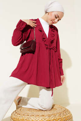 Yakası Fırfırlı Bürümcük Kimono Bordo - Thumbnail