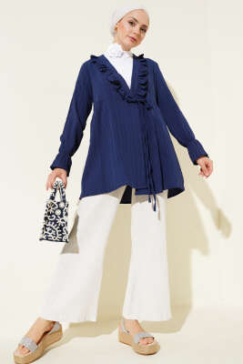 Yakası Fırfırlı Bürümcük Kimono Lacivert - Thumbnail