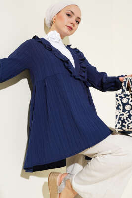 Yakası Fırfırlı Bürümcük Kimono Lacivert - Thumbnail