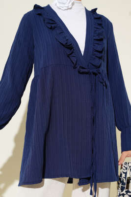 Yakası Fırfırlı Bürümcük Kimono Lacivert - Thumbnail