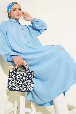 Pazarium - Tahta Düğmeli Uzun Tunik Bebe Mavi