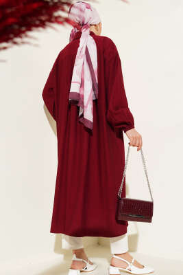 Tahta Düğmeli Uzun Tunik Bordo - Thumbnail