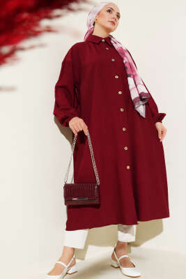 Tahta Düğmeli Uzun Tunik Bordo - Thumbnail