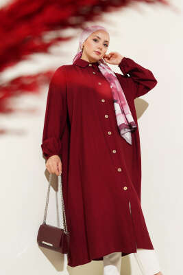 Tahta Düğmeli Uzun Tunik Bordo - Thumbnail
