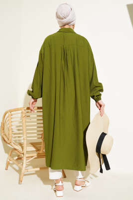 Tahta Düğmeli Uzun Tunik Haki - Thumbnail