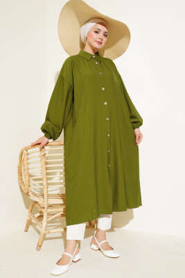 Tahta Düğmeli Uzun Tunik Haki - Thumbnail