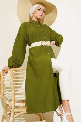 Tahta Düğmeli Uzun Tunik Haki - Thumbnail