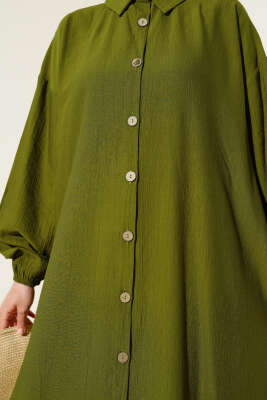 Tahta Düğmeli Uzun Tunik Haki - Thumbnail