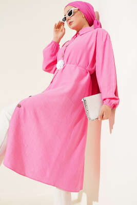 Pazarium - Tahta Düğmeli Uzun Tunik Pembe
