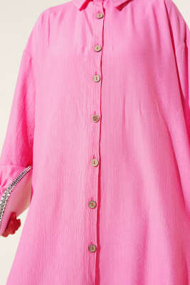 Tahta Düğmeli Uzun Tunik Pembe - Thumbnail