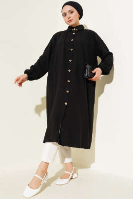Tahta Düğmeli Uzun Tunik Siyah - Thumbnail