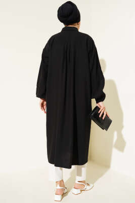 Tahta Düğmeli Uzun Tunik Siyah - Thumbnail