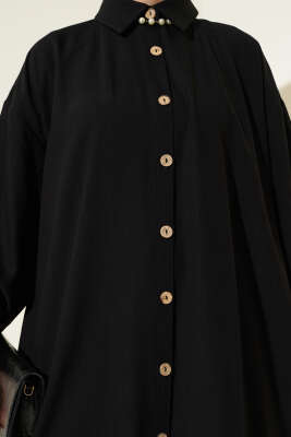 Tahta Düğmeli Uzun Tunik Siyah - Thumbnail