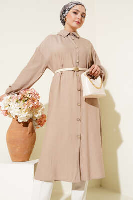 Pazarium - Tahta Düğmeli Uzun Tunik Vizon