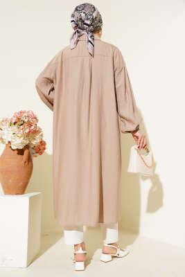 Tahta Düğmeli Uzun Tunik Vizon - Thumbnail