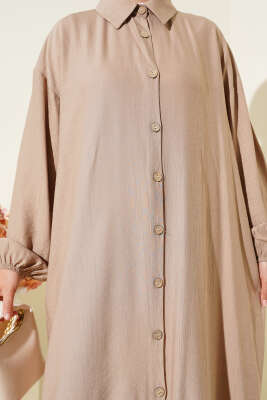 Tahta Düğmeli Uzun Tunik Vizon - Thumbnail