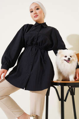 Pazarium - Robalı Balon Kol Kuşaklı Gömlek Siyah