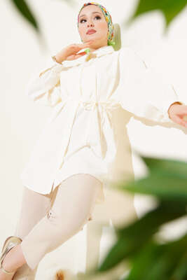 Pazarium - Robalı Balon Kol Kuşaklı Gömlek Krem