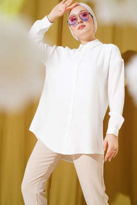 Pazarium - Düşük Omuzlu Basic Gömlek Beyaz