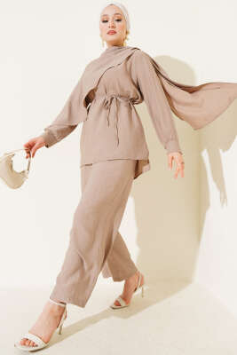 Pazarium - Pelerin Detaylı Tunik İkili Takım Vizon