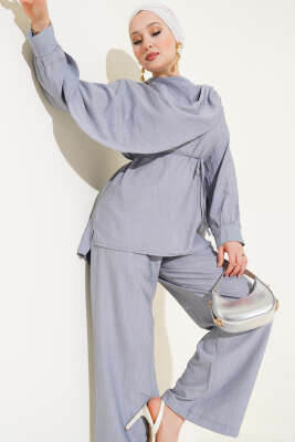 Pazarium - Pelerin Detaylı Tunik İkili Takım Gri