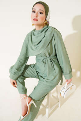 Pazarium - Pelerin Detaylı Tunik İkili Takım Çağla Yeşili